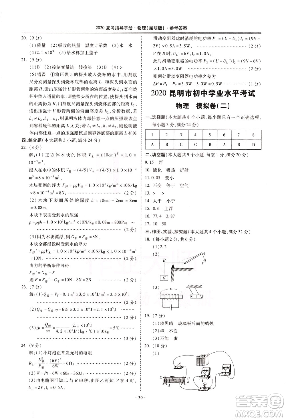 2020年昆明市初中學(xué)業(yè)水平考試復(fù)習(xí)指導(dǎo)手冊(cè)物理參考答案