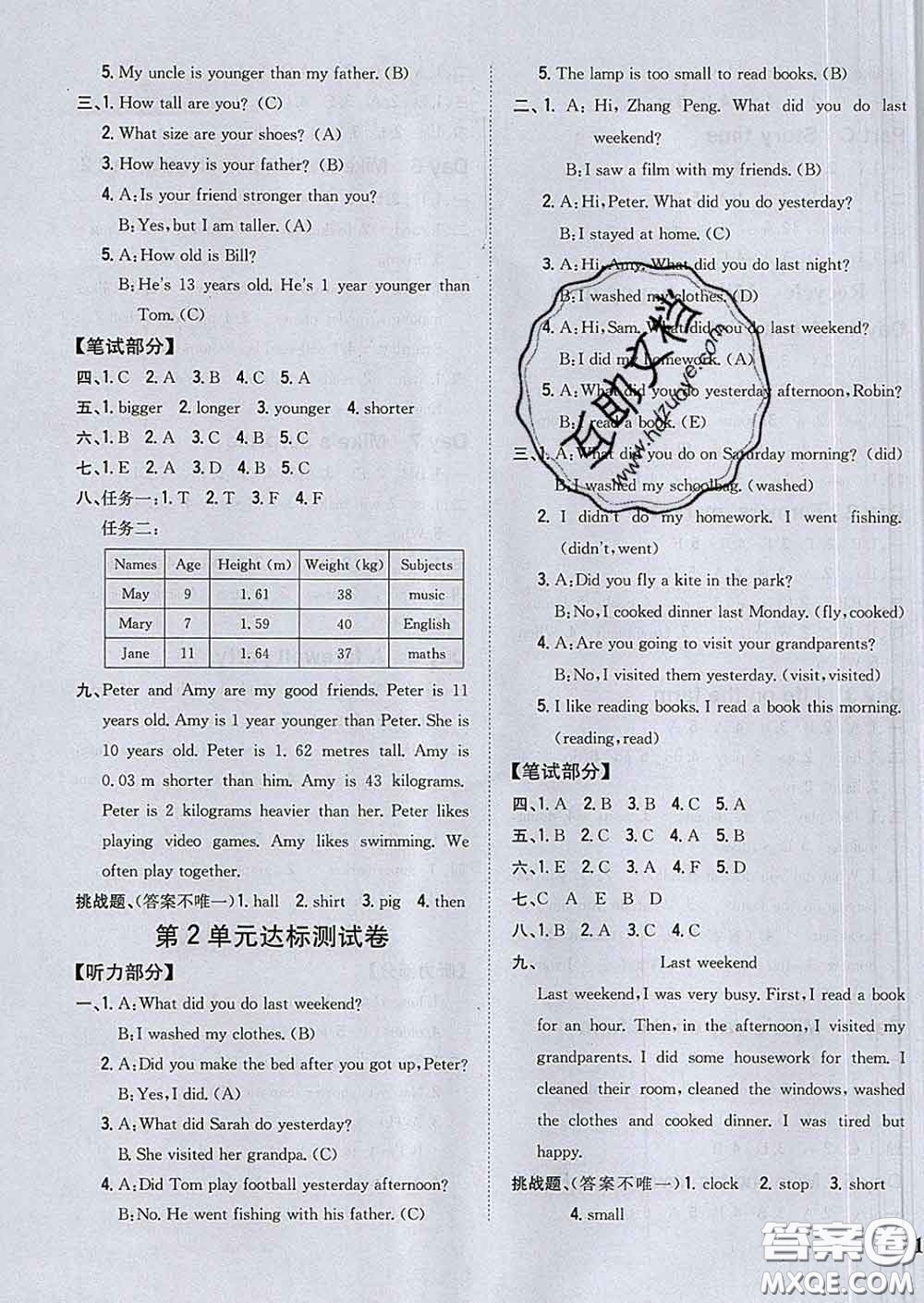 2020春梓耕書系小學(xué)題幫六年級(jí)英語(yǔ)下冊(cè)人教版答案