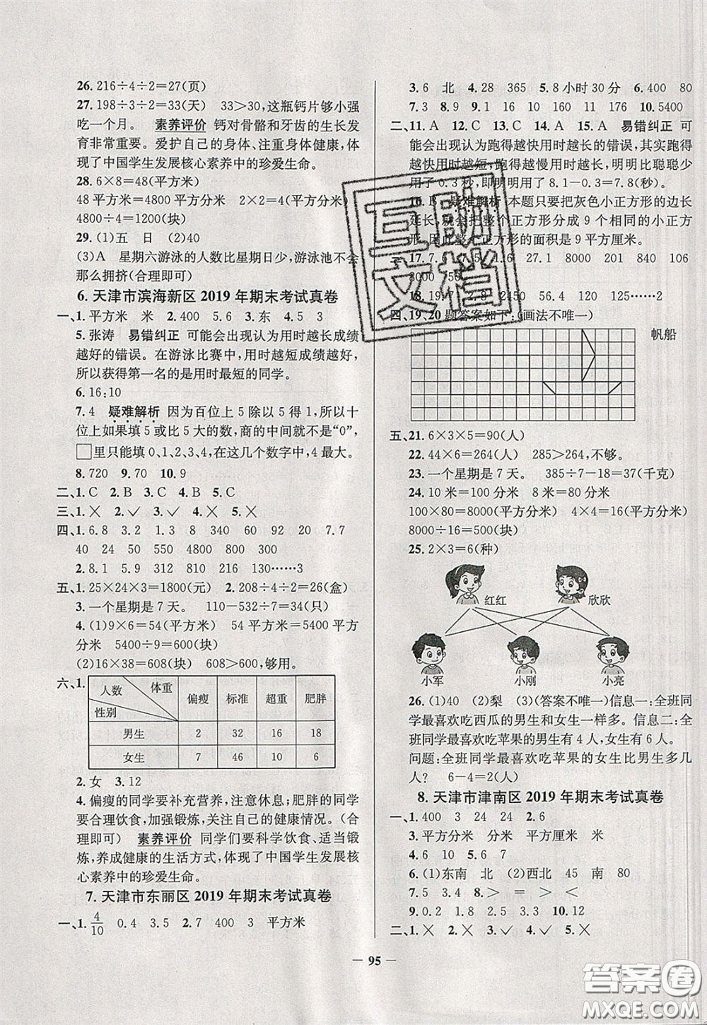 2020年真題圈天津市小學(xué)考試真卷三步練三年級(jí)下冊(cè)數(shù)學(xué)參考答案