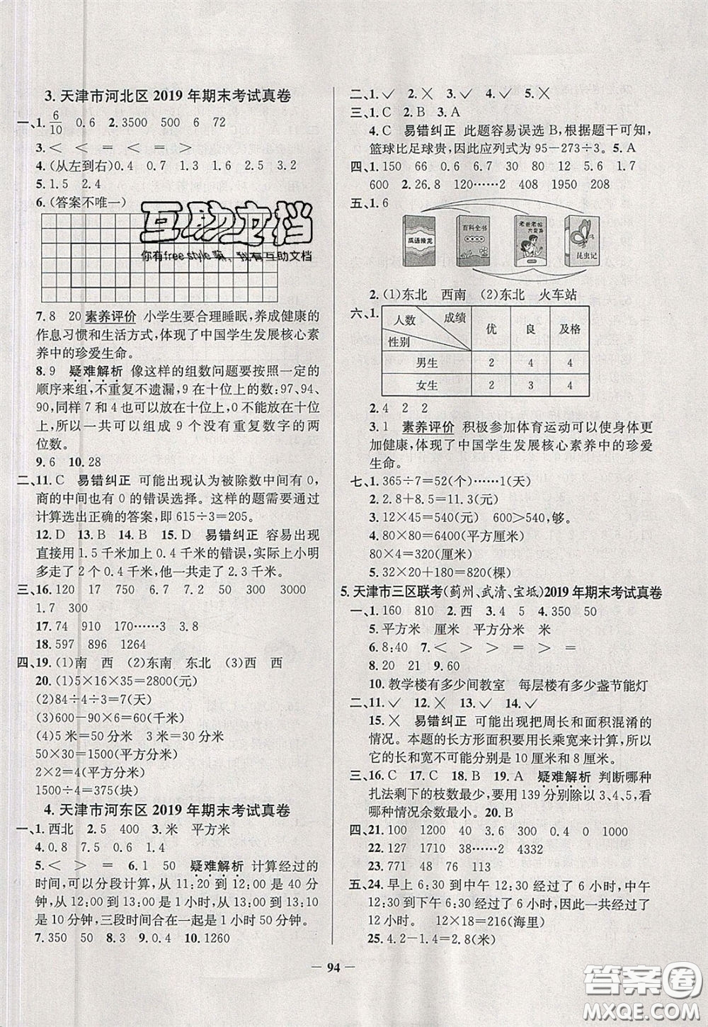 2020年真題圈天津市小學(xué)考試真卷三步練三年級(jí)下冊(cè)數(shù)學(xué)參考答案