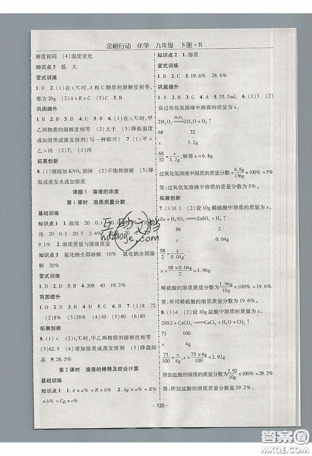 海韻圖書2020年金榜行動(dòng)課時(shí)導(dǎo)學(xué)案九年級(jí)化學(xué)下冊(cè)人教版答案