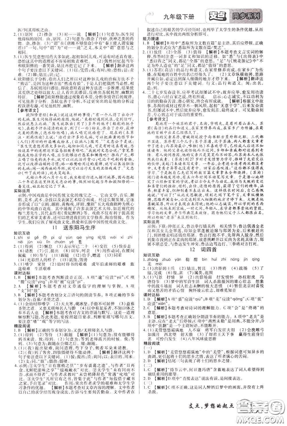 2020年支點(diǎn)語文九年級(jí)下冊(cè)RJ版人教版江西專版參考答案