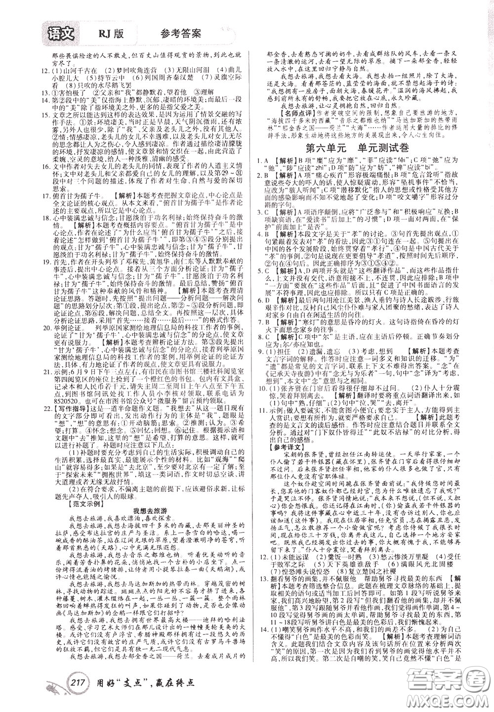 2020年支點(diǎn)語文九年級(jí)下冊(cè)RJ版人教版江西專版參考答案