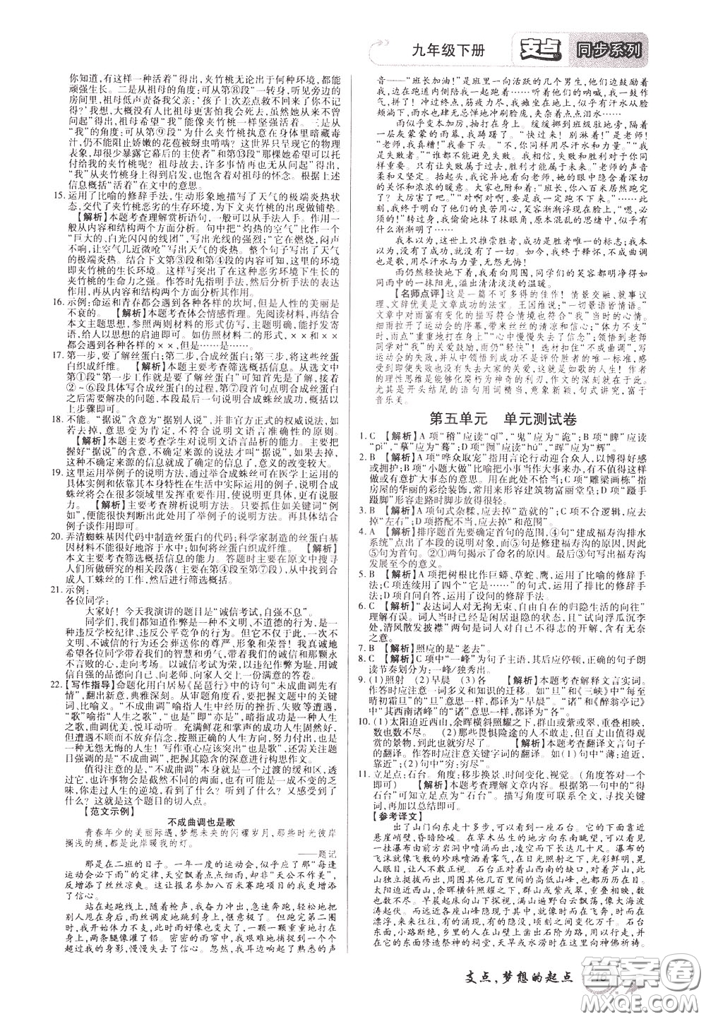 2020年支點(diǎn)語文九年級(jí)下冊(cè)RJ版人教版江西專版參考答案