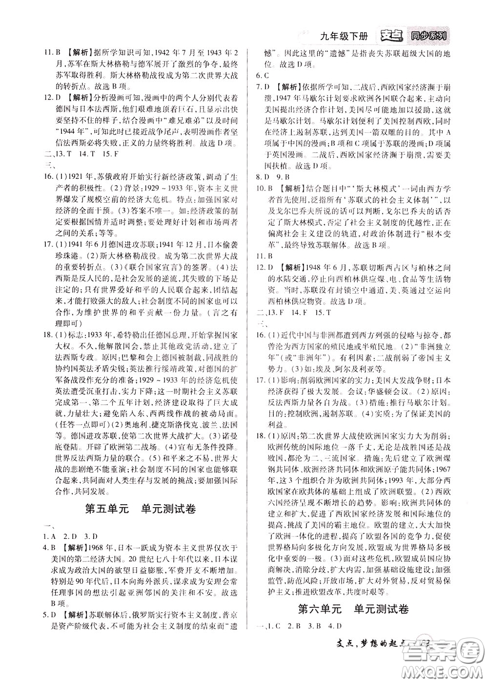 2020年支點(diǎn)歷史九年級(jí)下冊(cè)RJ版人教版江西專版參考答案