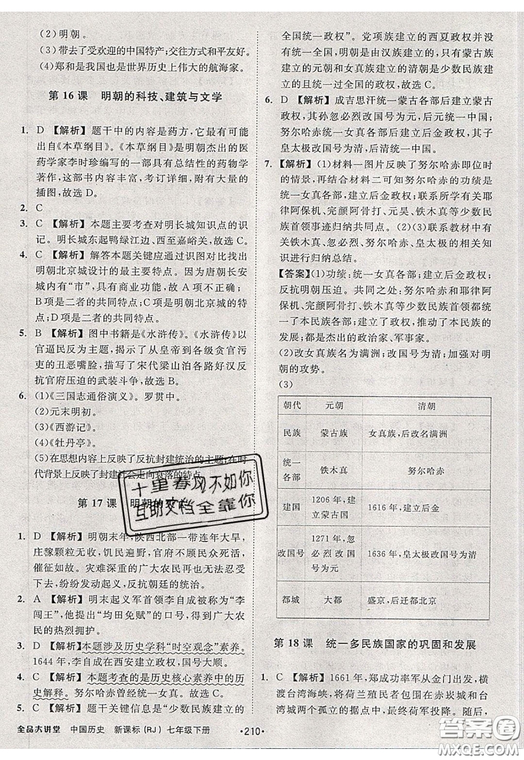 2020春全品大講堂初中歷史七年級(jí)下冊(cè)新課標(biāo)RJ人教版參考答案