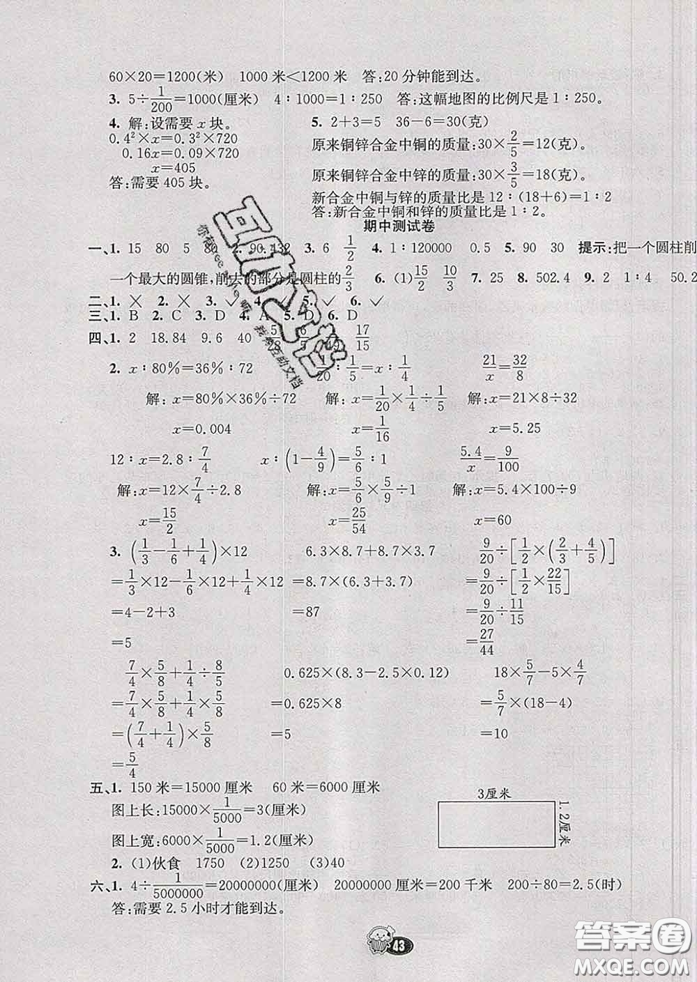 河北教育出版社2020新版七彩練霸六年級數(shù)學(xué)下冊蘇教版答案