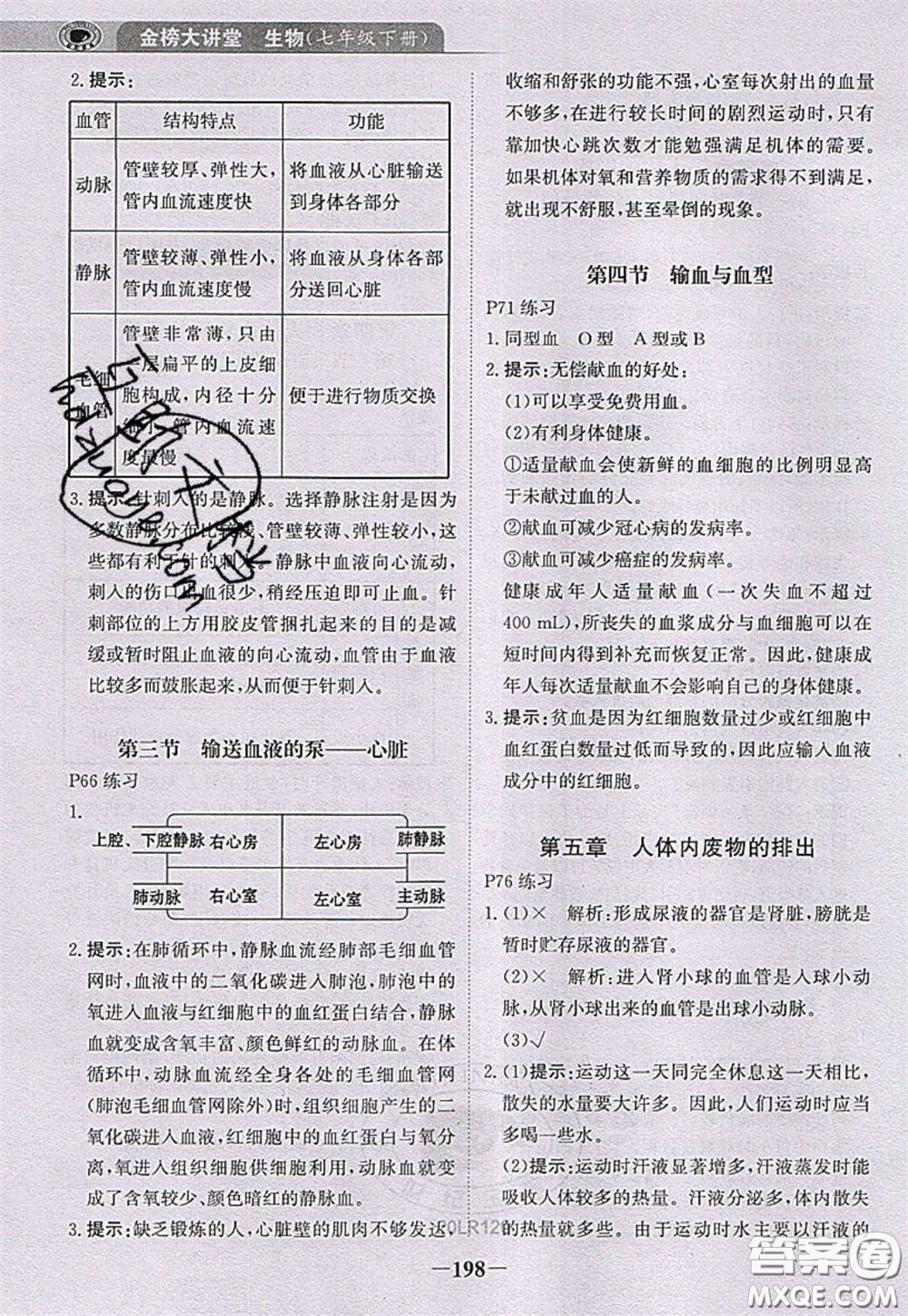 世紀金榜2020新版金榜大講堂七年級下冊生物人教版RJ參考答案