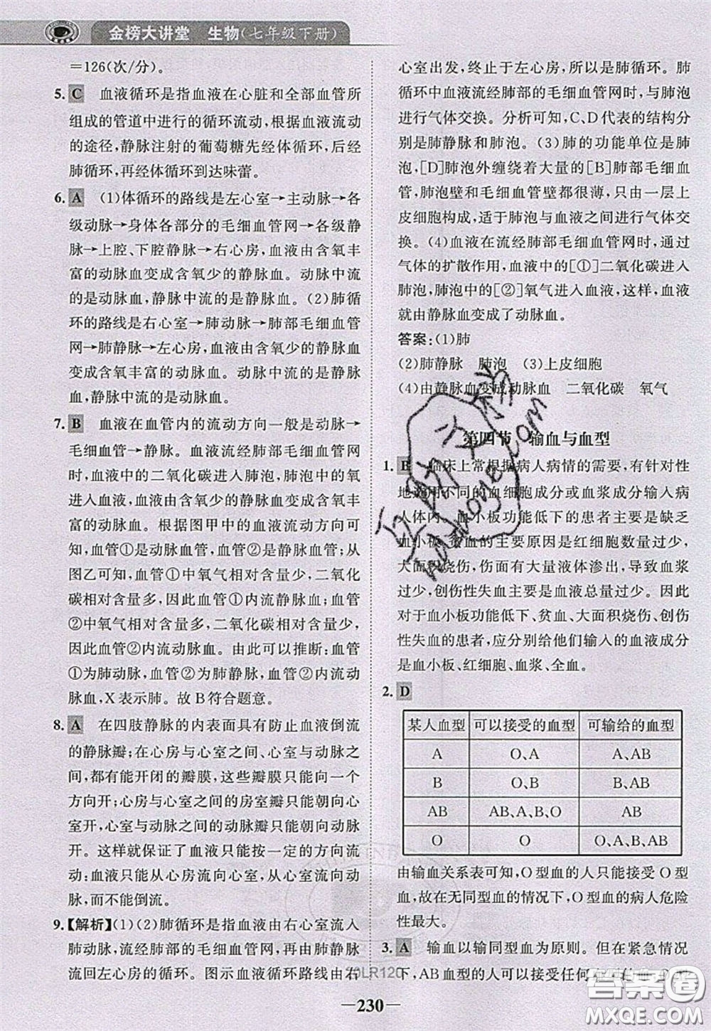 世紀金榜2020新版金榜大講堂七年級下冊生物人教版RJ參考答案