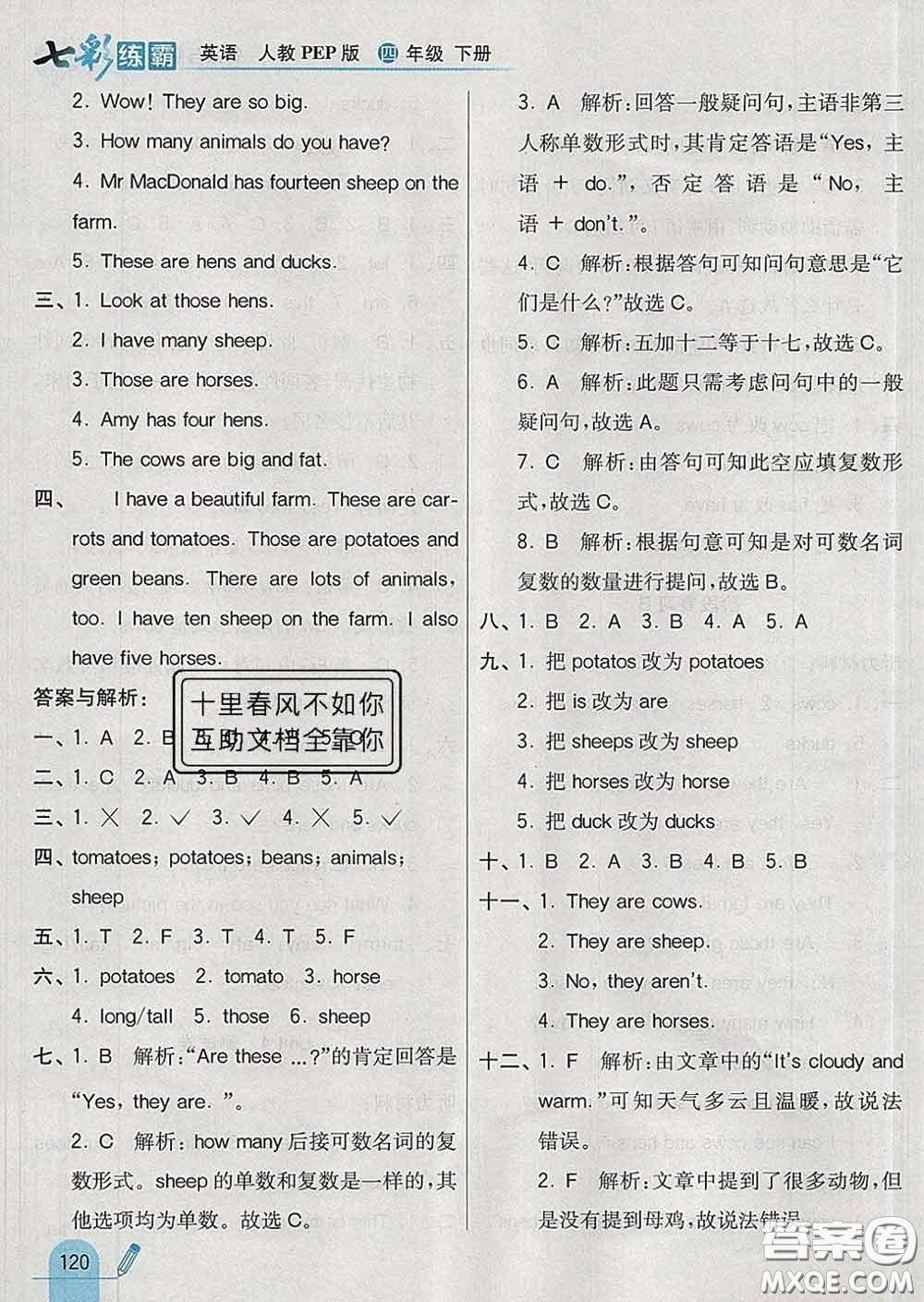 河北教育出版社2020新版七彩練霸四年級英語下冊人教版答案