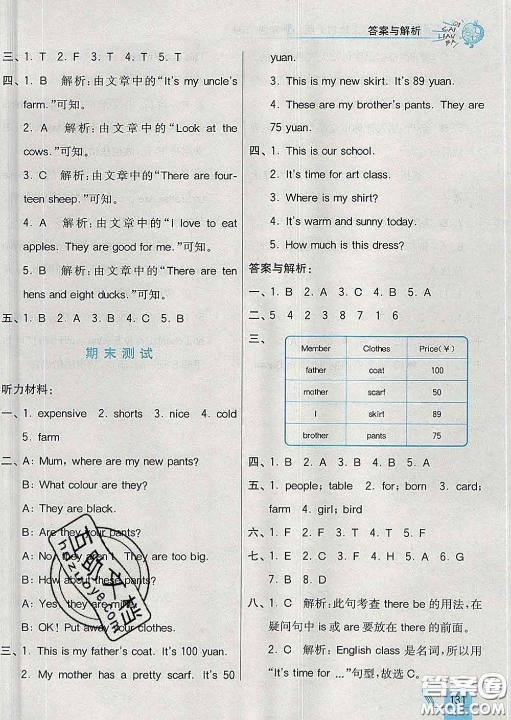 河北教育出版社2020新版七彩練霸四年級英語下冊人教版答案