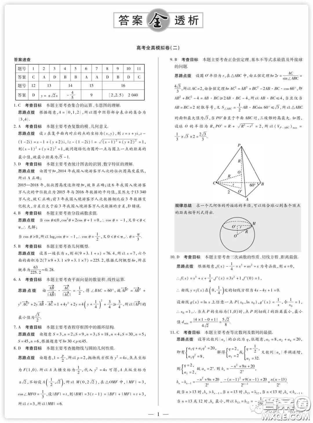 天一大聯(lián)考2020高考全真模擬卷二理科數(shù)學(xué)試題及答案