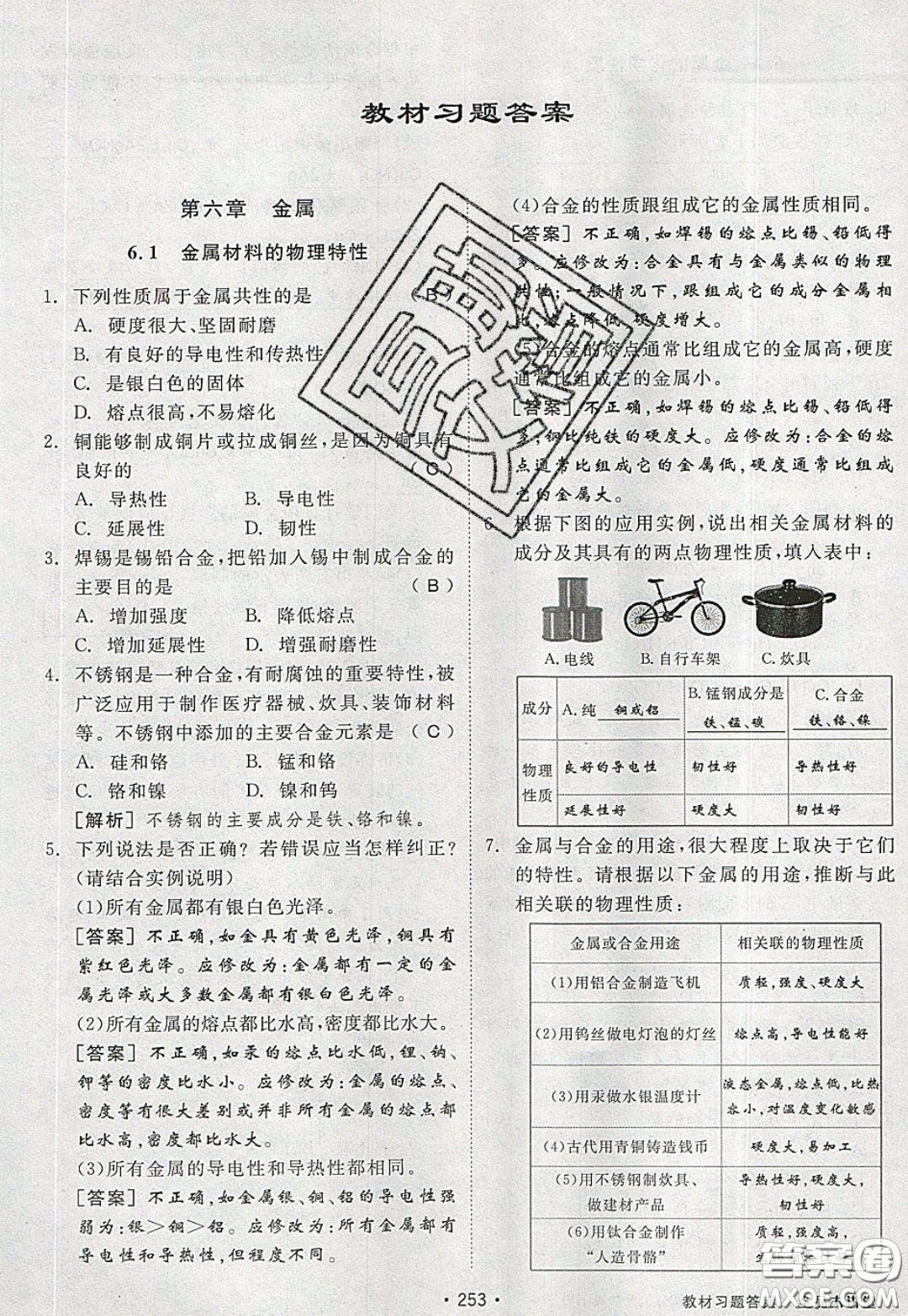 2020春全品大講堂初中化學(xué)九年級(jí)下冊(cè)新課標(biāo)KY科粵版參考答案