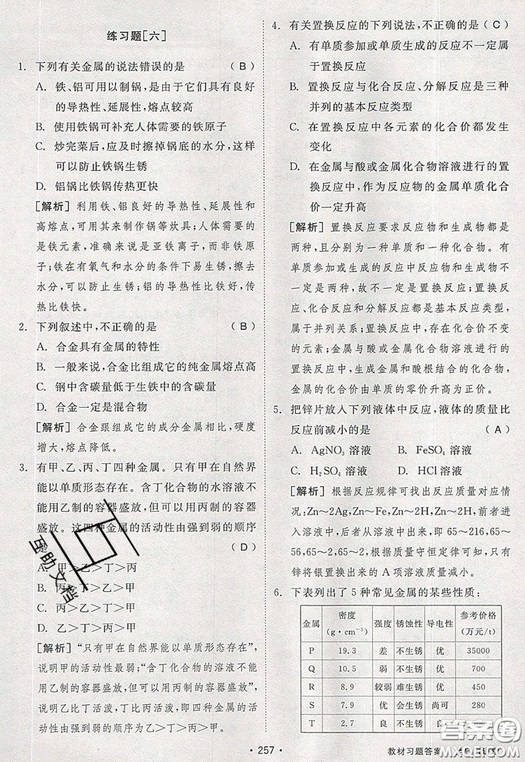 2020春全品大講堂初中化學(xué)九年級(jí)下冊(cè)新課標(biāo)KY科粵版參考答案