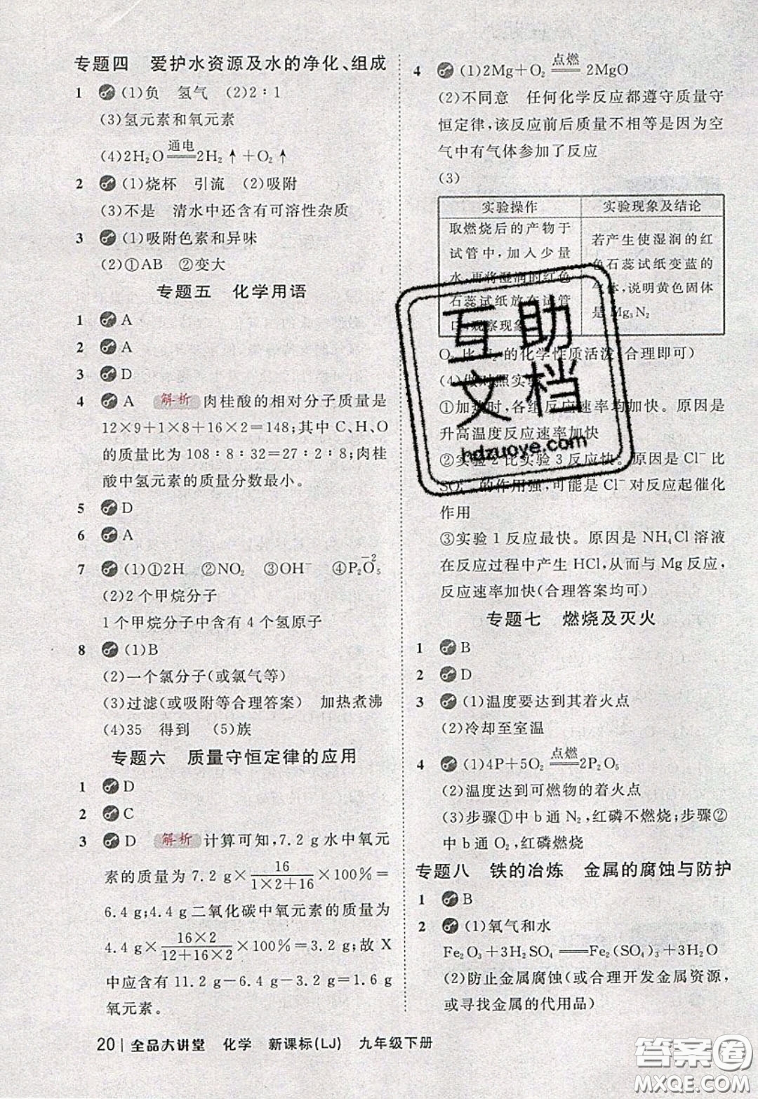 2020春全品大講堂初中化學(xué)九年級(jí)下冊(cè)新課標(biāo)LJ魯教版參考答案