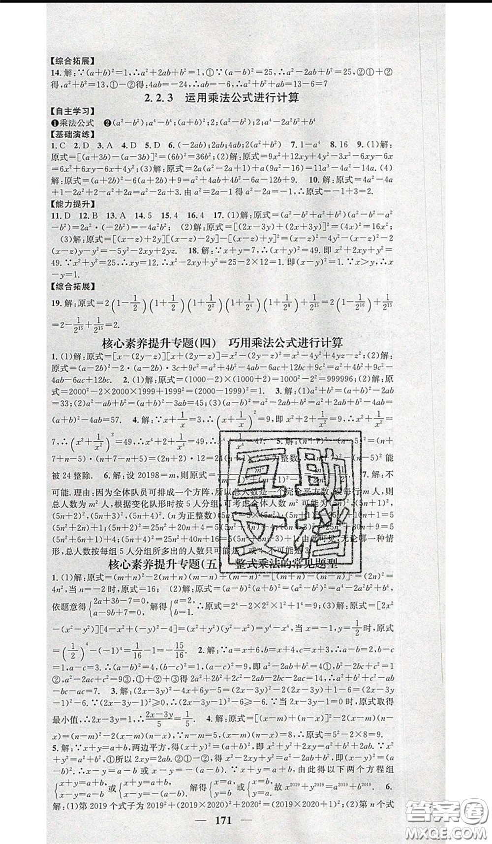 2020年智慧學(xué)堂核心素養(yǎng)提升法七年級下冊數(shù)學(xué)湘教版參考答案