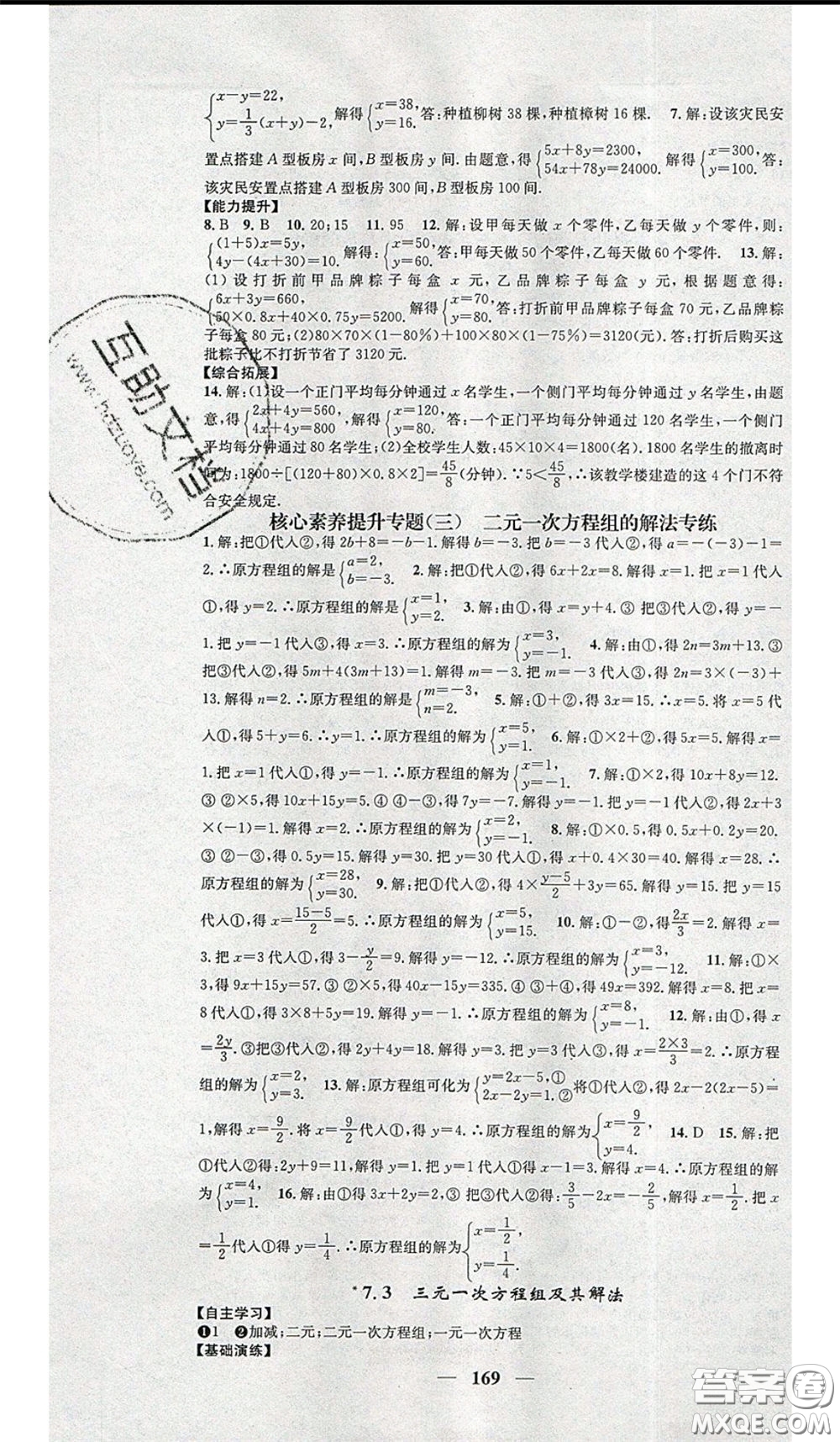 2020年智慧學(xué)堂核心素養(yǎng)提升法七年級下冊數(shù)學(xué)華師大版參考答案