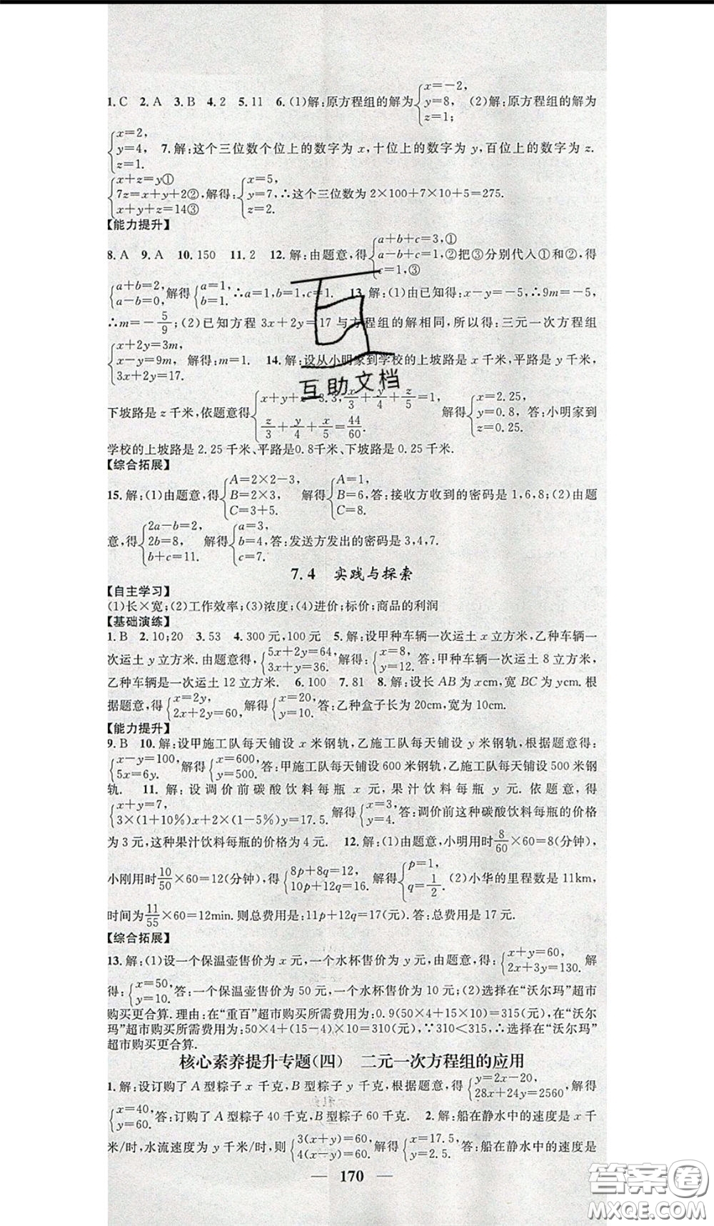 2020年智慧學(xué)堂核心素養(yǎng)提升法七年級下冊數(shù)學(xué)華師大版參考答案