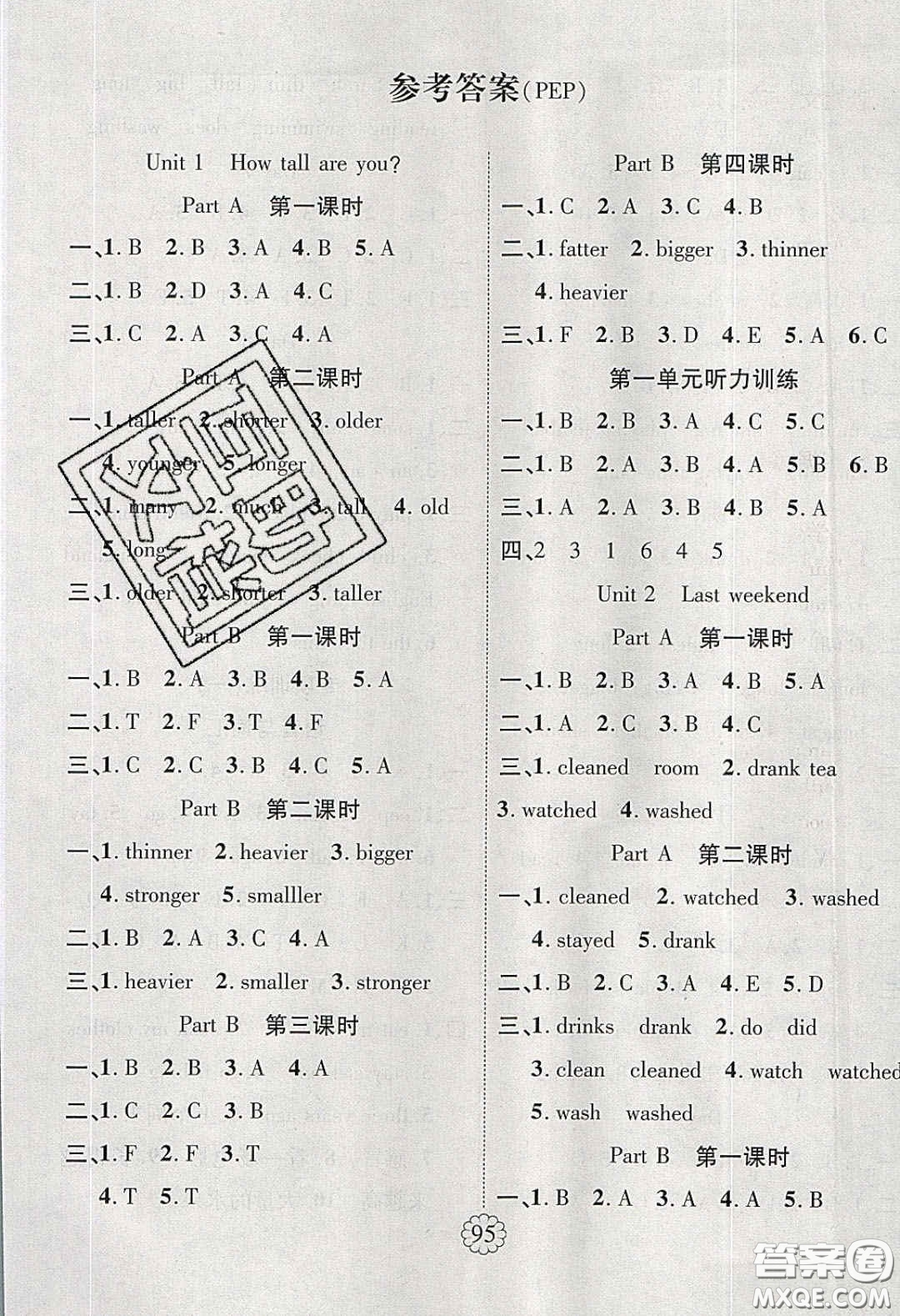 新疆文化出版社2020春暢優(yōu)新課堂六年級英語下冊人教PEP版答案