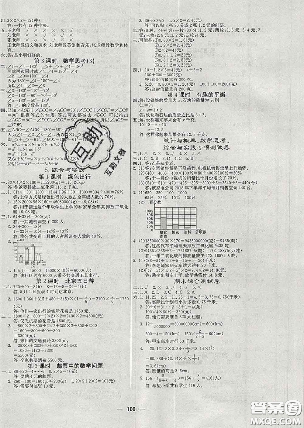 沈陽出版社2020新版梯田文化課堂內(nèi)外六年級數(shù)學(xué)下冊人教版答案