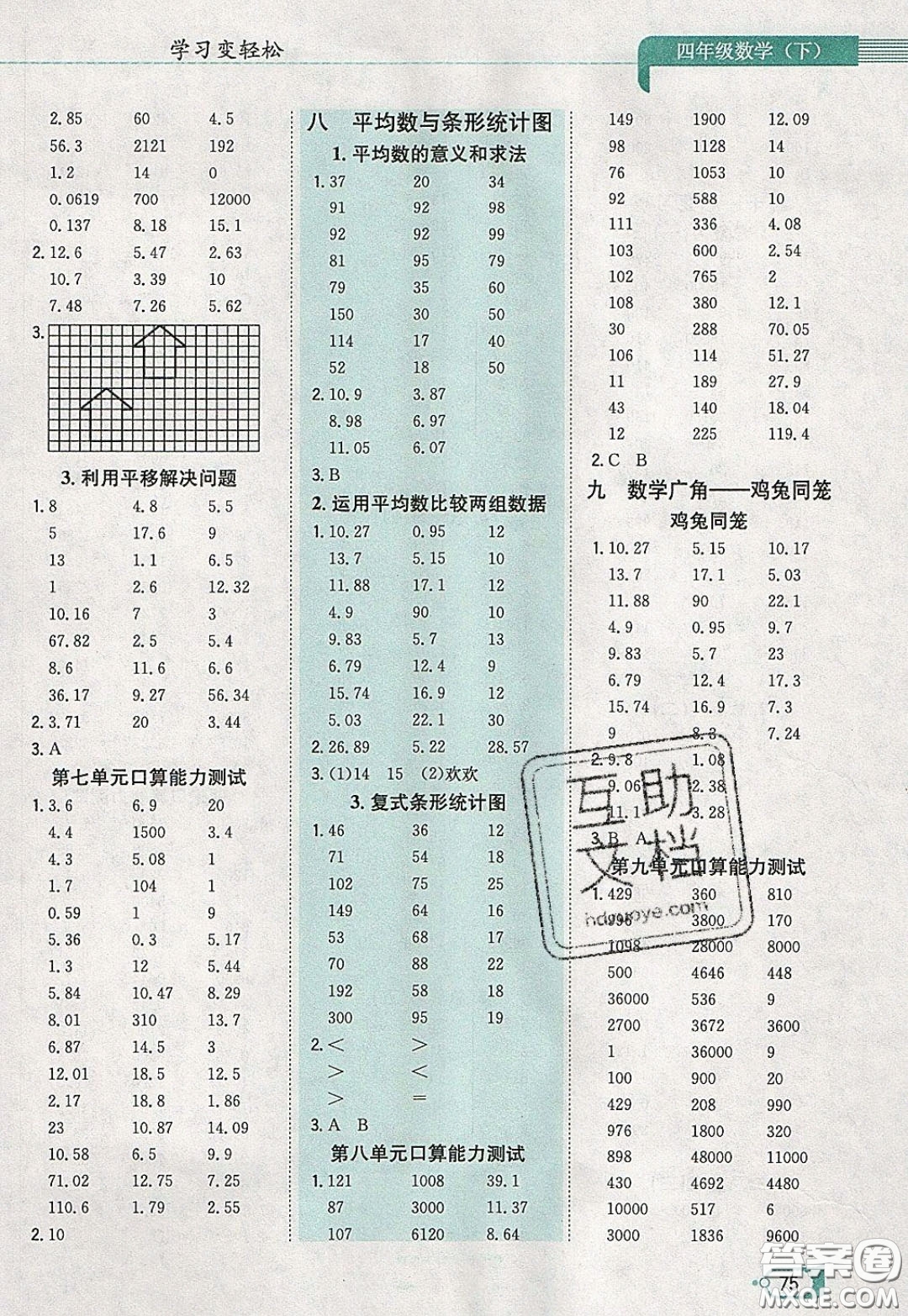 陜西人民教育出版社2020年口算一本通四年級數(shù)學(xué)下人教版RJ版參考答案