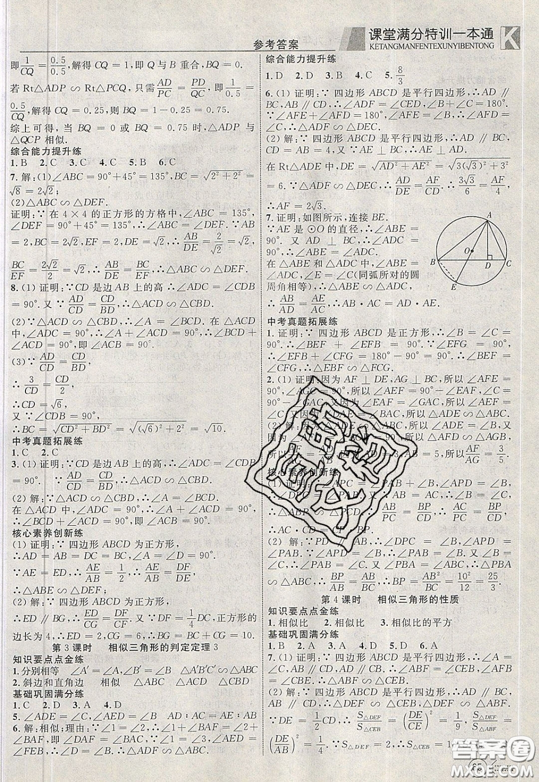 2020年贏在課堂滿分特訓(xùn)一本通九年級(jí)下冊(cè)數(shù)學(xué)人教版參考答案