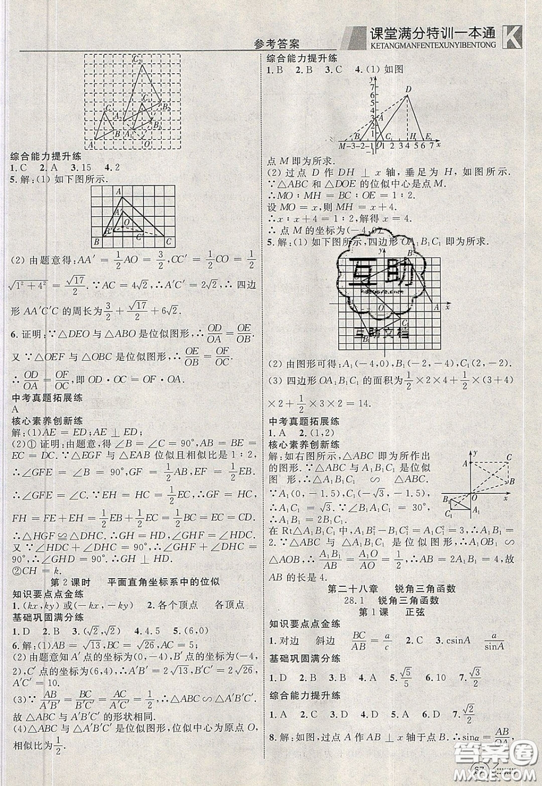 2020年贏在課堂滿分特訓(xùn)一本通九年級(jí)下冊(cè)數(shù)學(xué)人教版參考答案