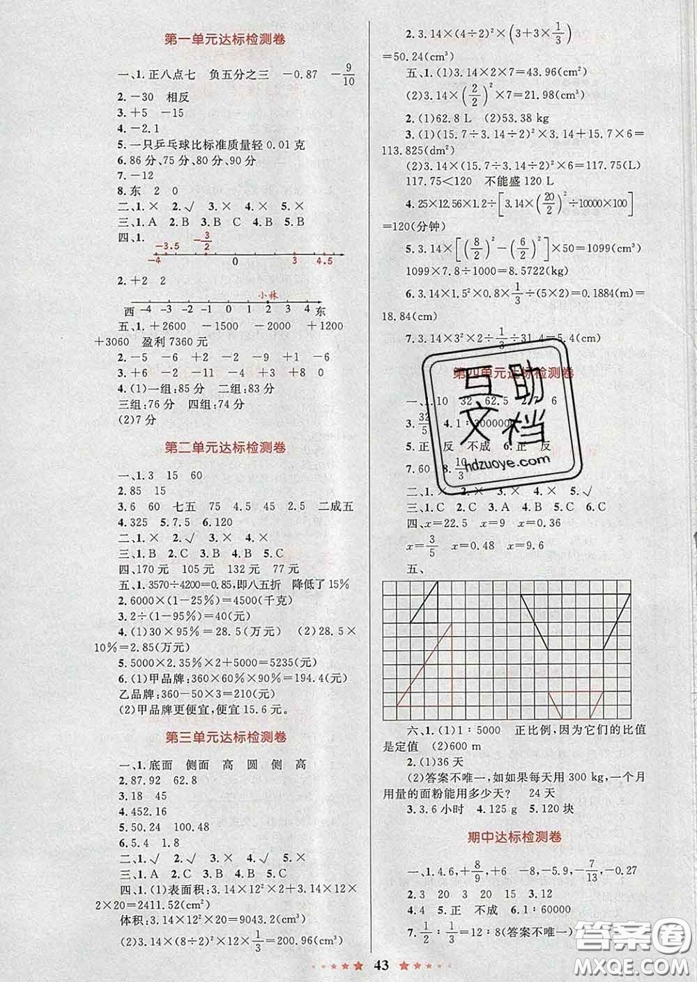 2020新版小學同步測控全優(yōu)設(shè)計超人天天練六年級數(shù)學人教版答案