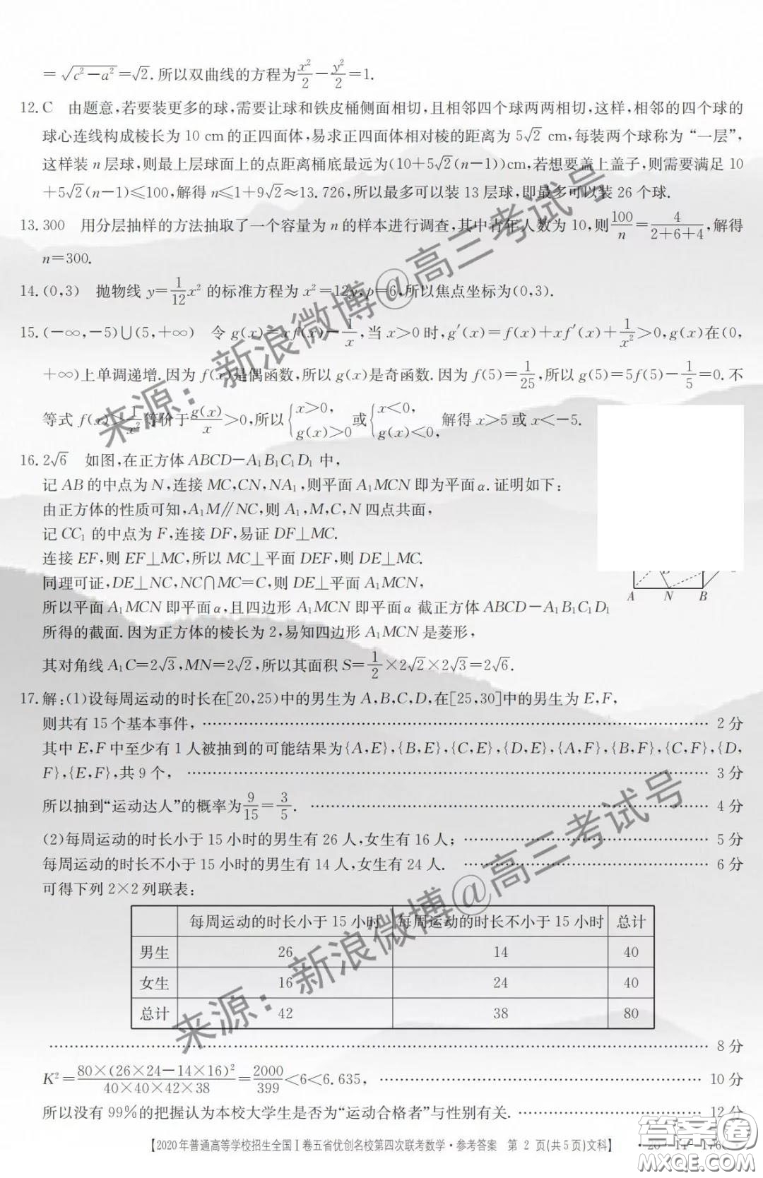 2020年普通高等學(xué)校招生全國(guó)I卷五省優(yōu)創(chuàng)名校第四次聯(lián)考文科數(shù)學(xué)答案