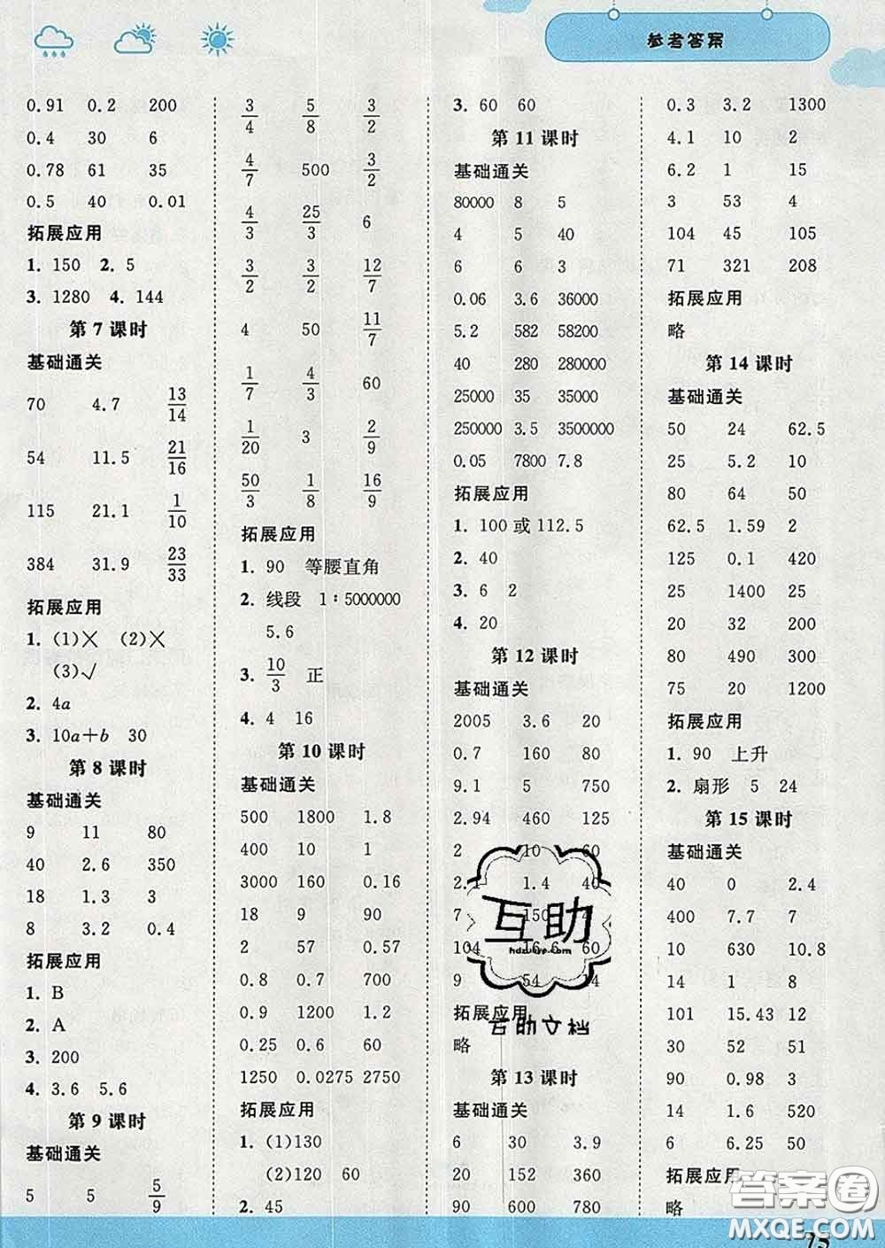 中國地圖出版社2020春金博優(yōu)口算課時通六年級數(shù)學(xué)下冊人教版答案