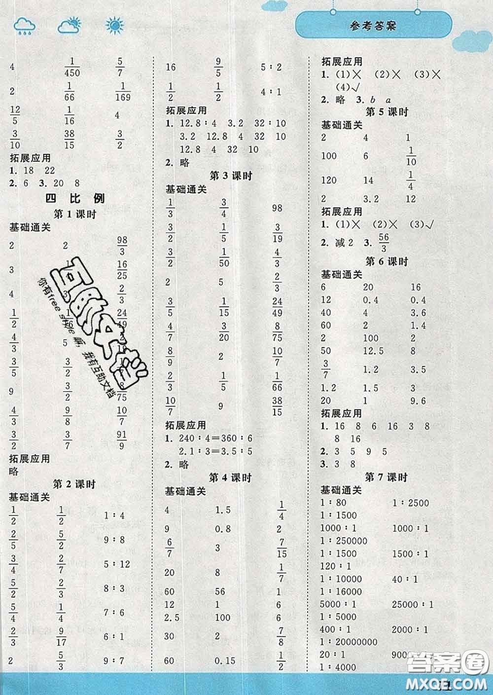 中國(guó)地圖出版社2020春金博優(yōu)口算課時(shí)通六年級(jí)數(shù)學(xué)下冊(cè)蘇教版答案