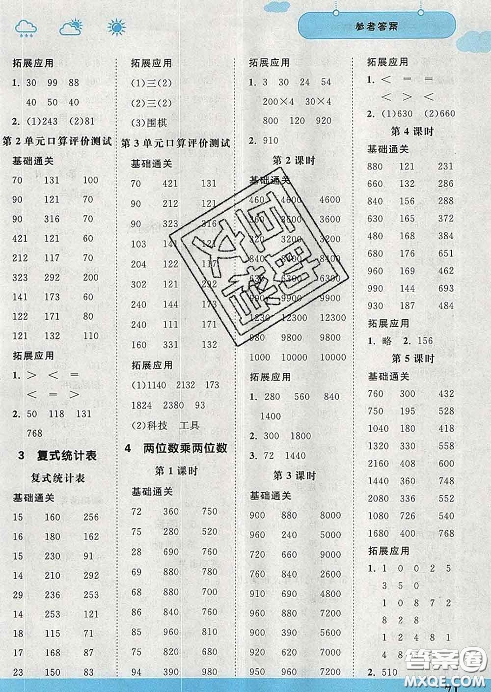 中國地圖出版社2020春金博優(yōu)口算課時通三年級數(shù)學(xué)下冊人教版答案