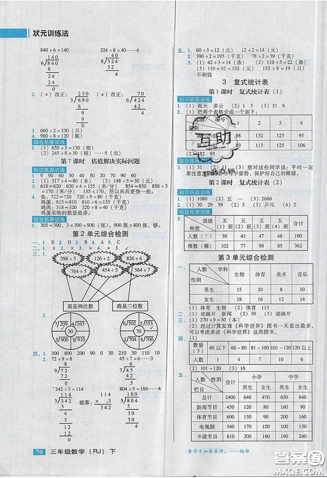 2020狀元訓(xùn)練法課時(shí)同步練測(cè)三年級(jí)數(shù)學(xué)下冊(cè)人教版答案