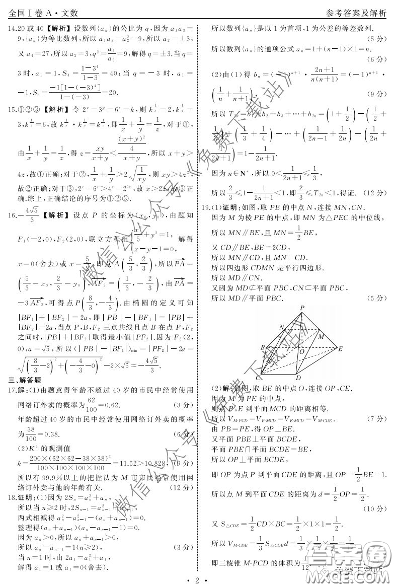 2020屆衡中同卷調(diào)研卷一文科數(shù)學(xué)試題答案