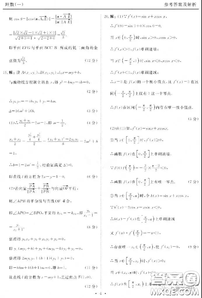 2020屆衡水金卷先享題調(diào)研卷一理科數(shù)學(xué)答案