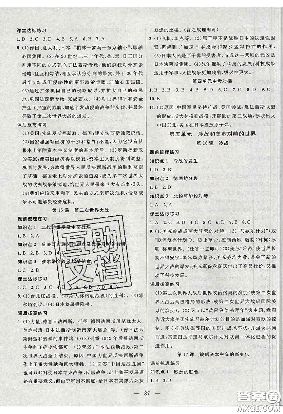 2020自主訓(xùn)練九年級歷史下冊人教版答案