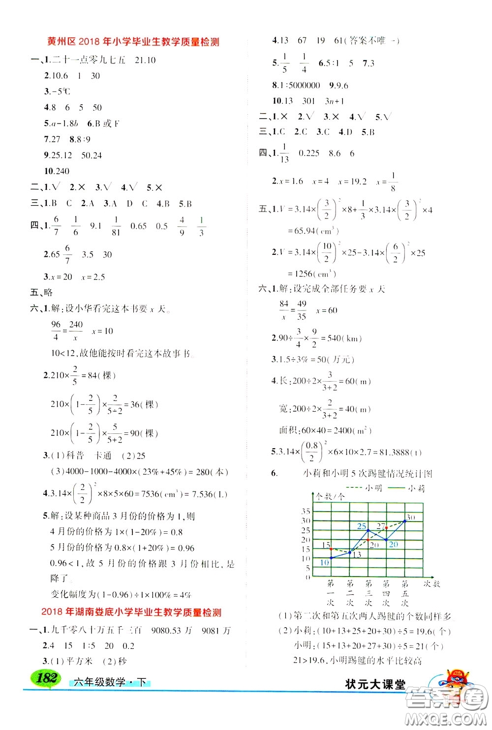 黃岡狀元成才路2020年?duì)钤笳n堂好學(xué)案六年級下冊數(shù)學(xué)人教版參考答案