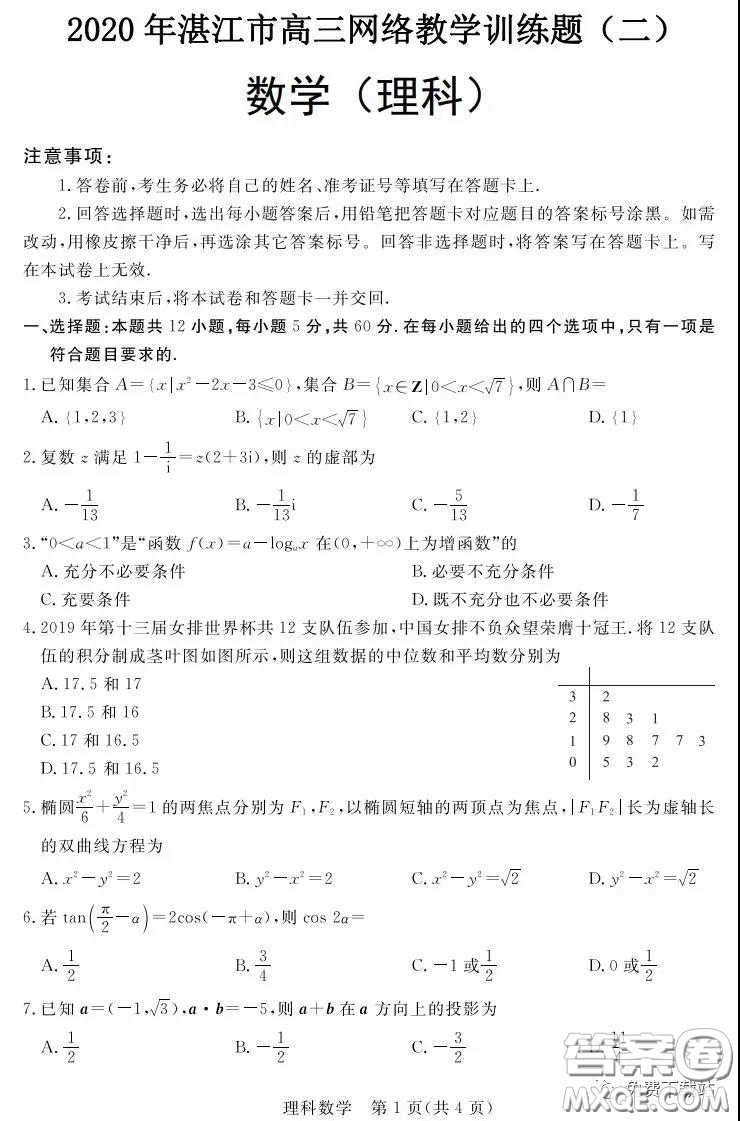 2020年湛江市高三網(wǎng)絡教學訓練題二理科數(shù)學題及答案