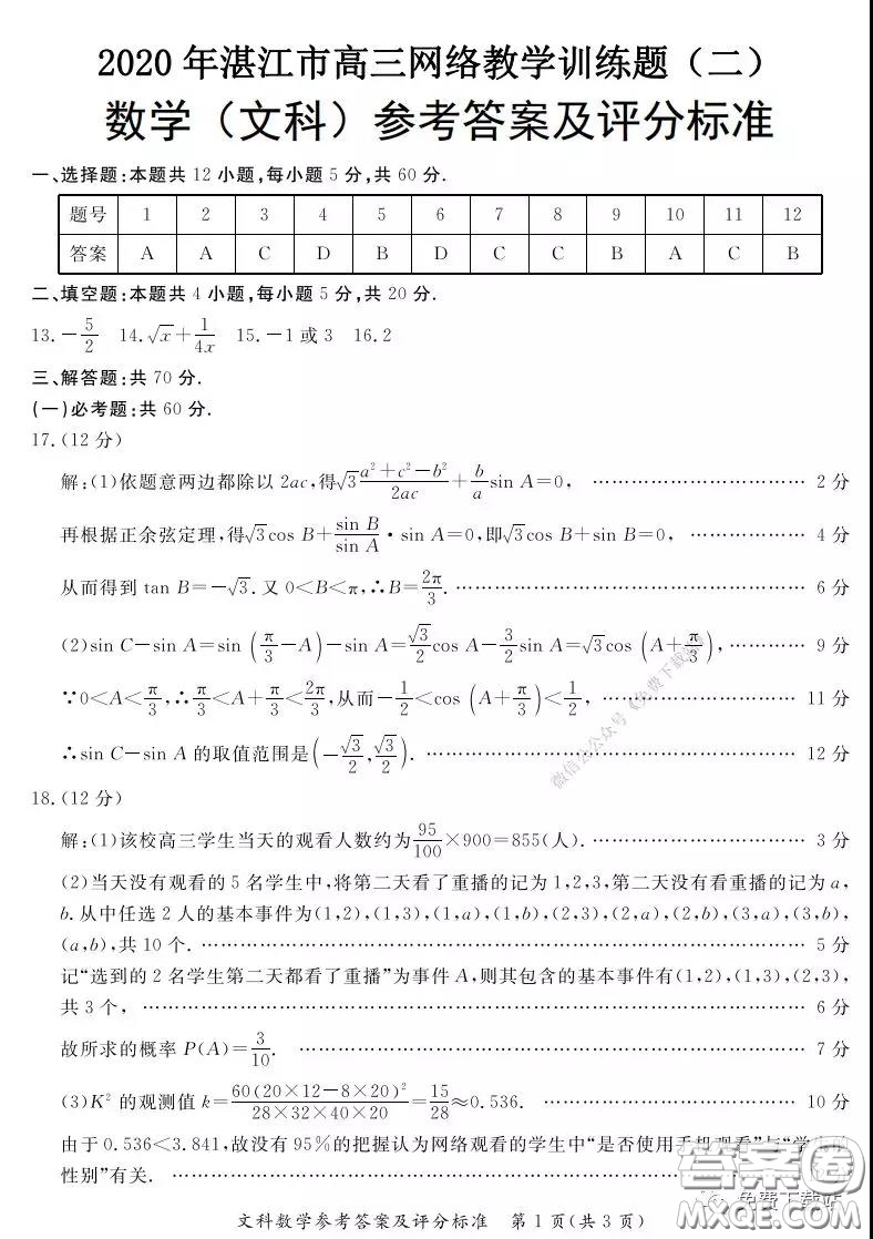 2020年湛江市高三網(wǎng)絡(luò)教學(xué)訓(xùn)練題二文科數(shù)學(xué)題及答案