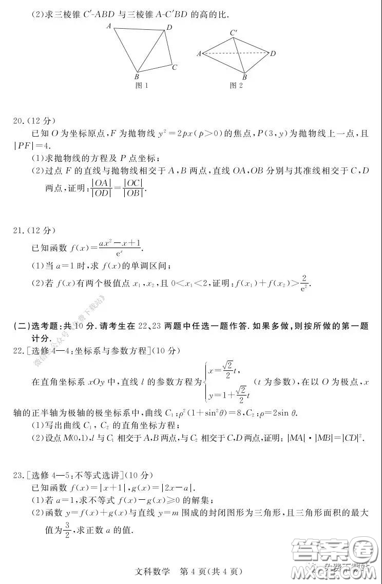 2020年湛江市高三網(wǎng)絡(luò)教學(xué)訓(xùn)練題二文科數(shù)學(xué)題及答案