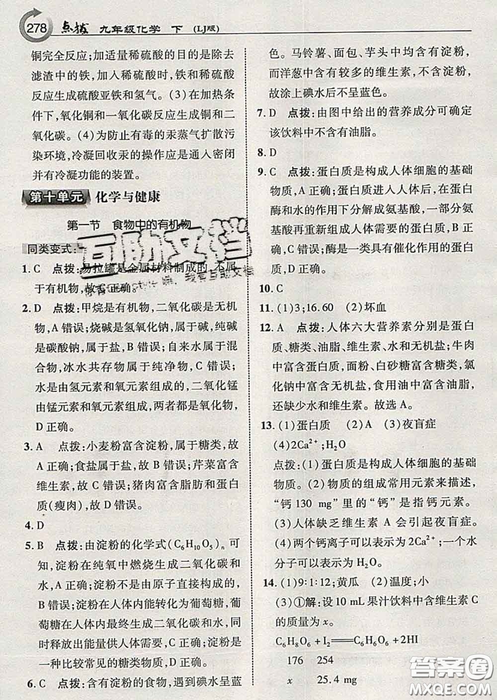 吉林教育出版社2020春特高級教師點(diǎn)撥九年級化學(xué)下冊魯教版答案