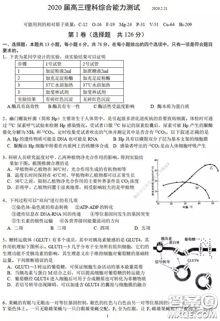 華師大一附中2020屆高三2月檢測線上理科綜合能力測試試題及答案