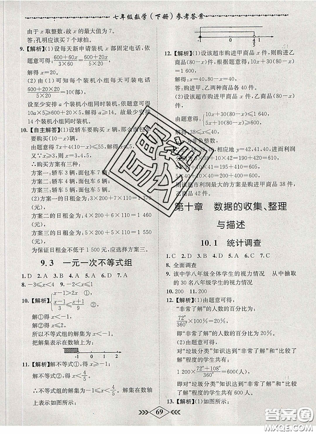 2020優(yōu)等生名校學案課課小考卷課堂十分鐘七年級數學下冊人教版答案