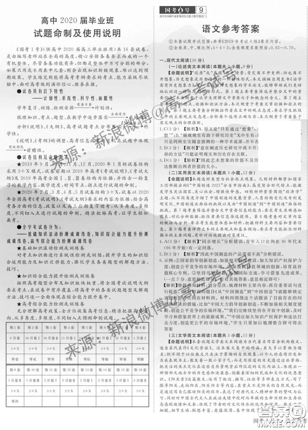 國考1號9高中2020屆畢業(yè)班知識綜合能力提升測試語文答案