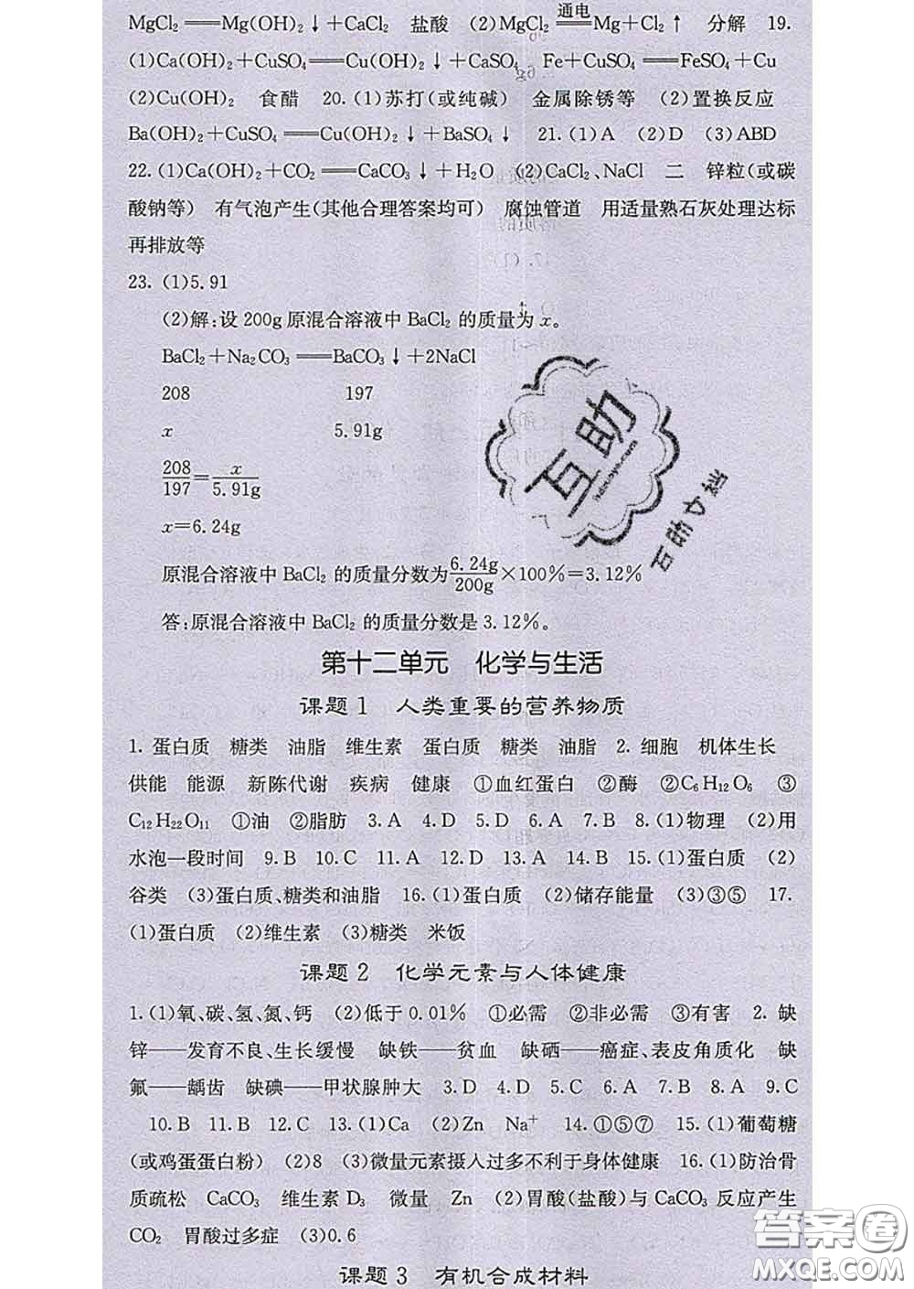 梯田文化2020春課堂點(diǎn)睛九年級化學(xué)下冊人教版答案