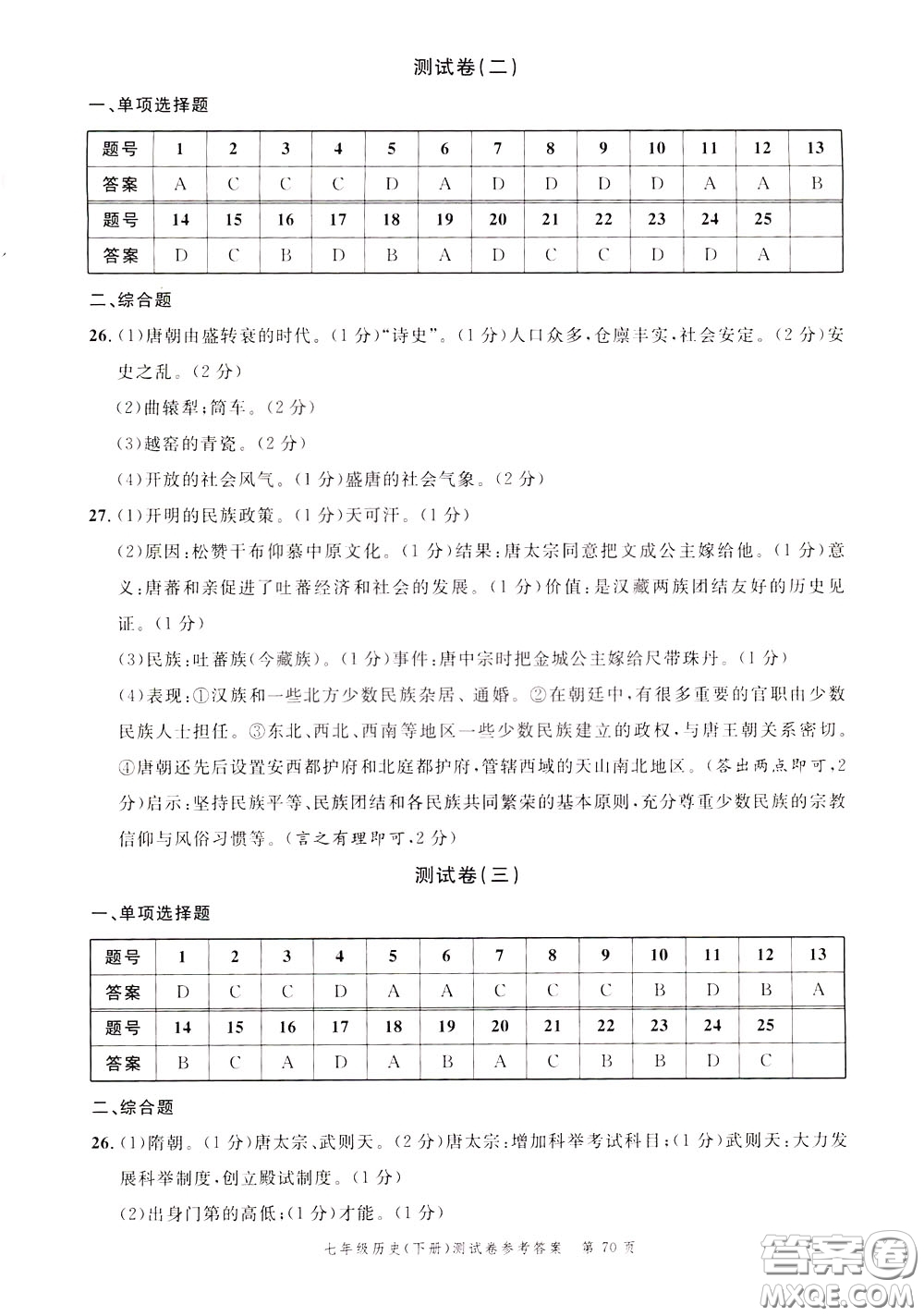 南粵學(xué)典2020年名師金典測(cè)試卷歷史七年級(jí)下冊(cè)R人教版參考答案