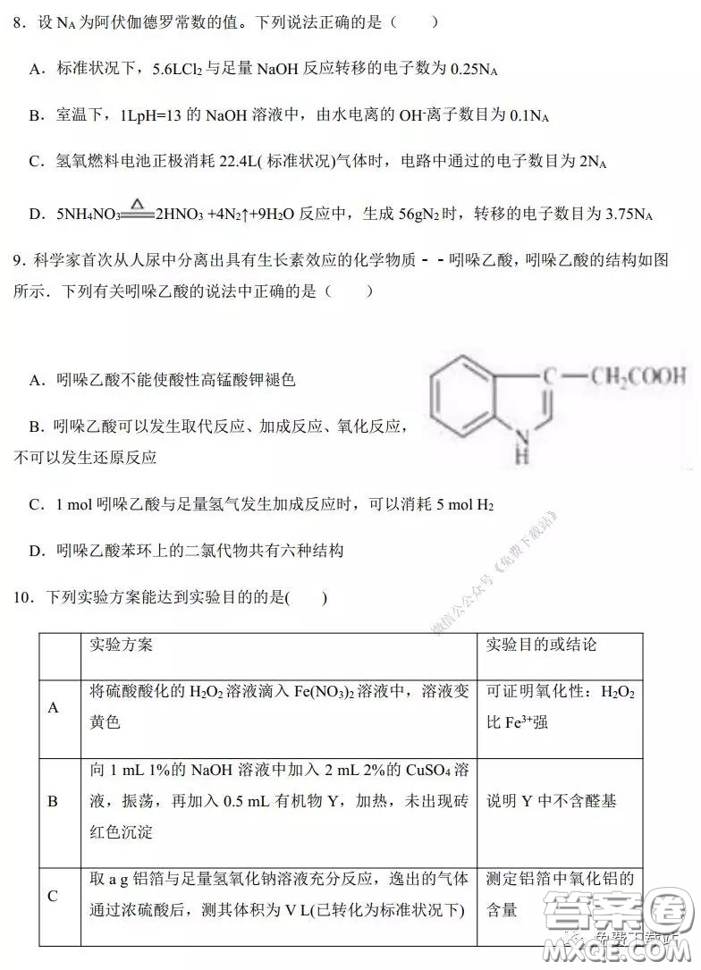 2020年河南省實(shí)驗(yàn)中學(xué)高三假期自主測(cè)試?yán)砜凭C合試題及答案