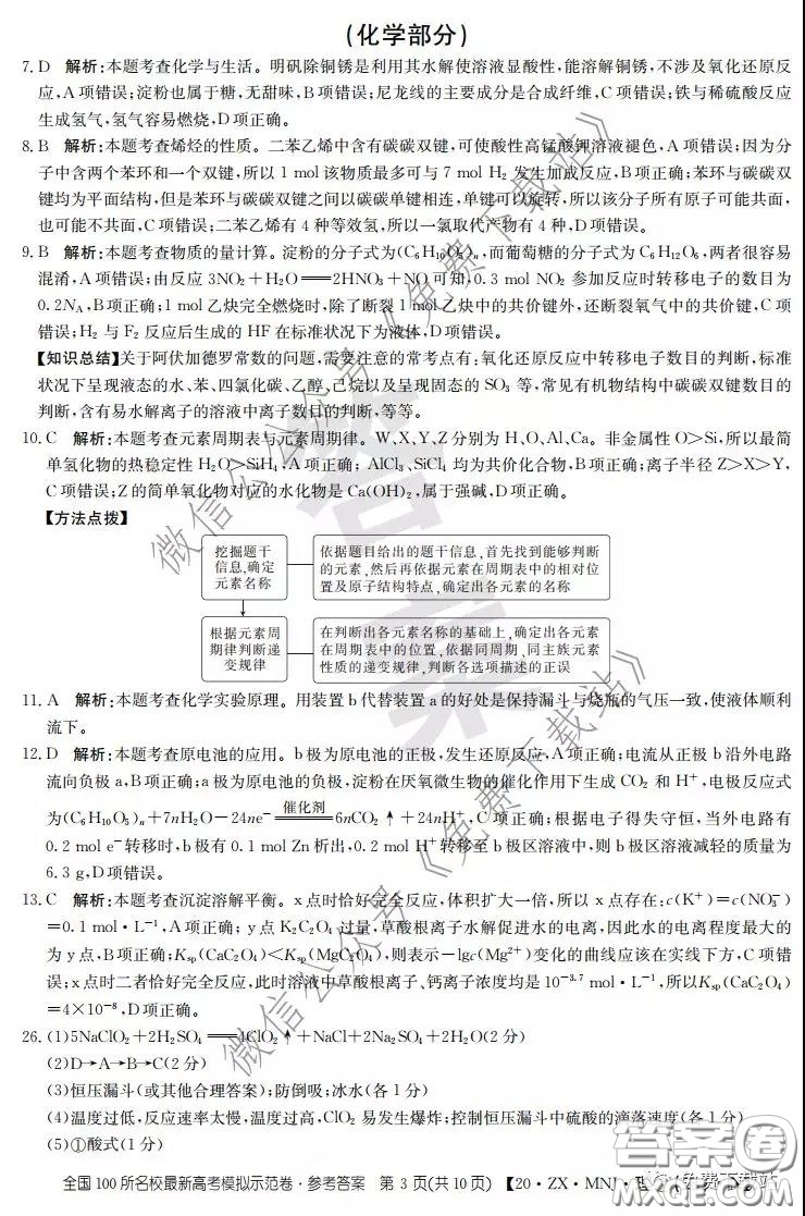 2020年全國100所名校最新高考模擬示范卷二理科綜合答案