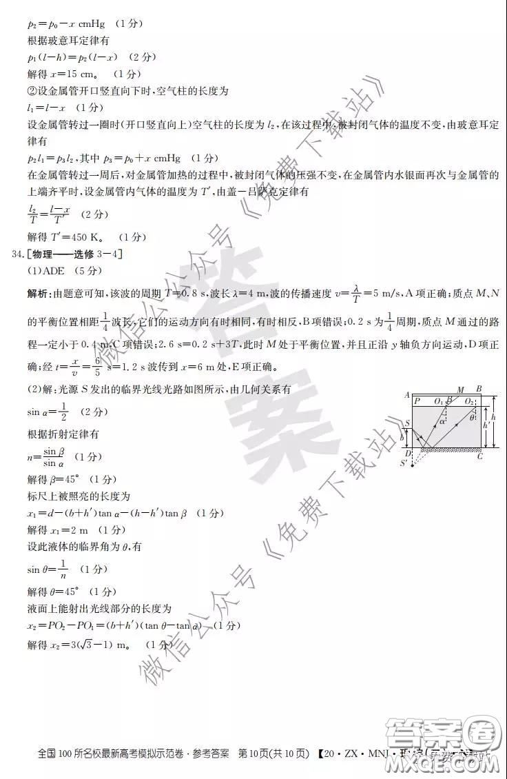 2020年全國100所名校最新高考模擬示范卷二理科綜合答案