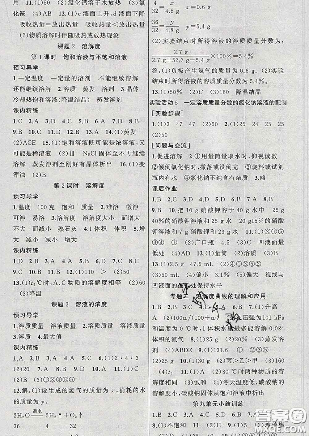 2020年黃岡金牌之路練闖考九年級化學(xué)下冊人教版答案